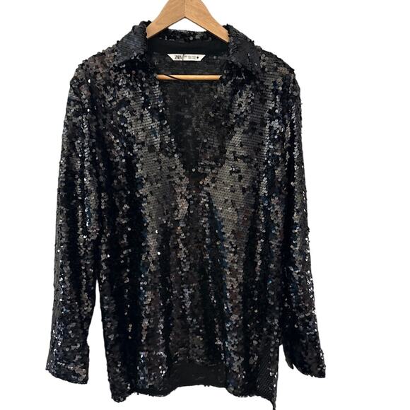 Zara‎ V Neck Collared Flowy Long Sleeve Sequined Top Black Size Medium - Picture 4 of 11
